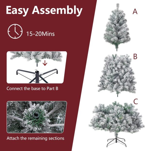 6FT Snow Flocked Christmas Tree, Premium Hinged Artificial Christmas Tree with Metal Stand, 1000 ਬ੍ਰਾਂਚ ਟਿਪਸ ਲਸ਼ ਸਜਾਵਟ ਲਈ, ਅਸੈਂਬਲ ਕਰਨ ਅਤੇ ਸਟੋਰ ਕਰਨ ਲਈ ਆਸਾਨ, ਕ੍ਰਿਸਮਸ ਦੇ ਦਿਨ ਲਈ ਸੰਪੂਰਨ - Image 5