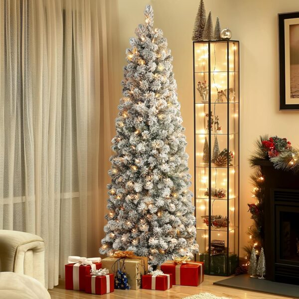 SHAreconn 7.5ft Prelit Snow Flocked Artificial Hinged Slim Pencil Christmas Tree with Warm White Lights, ਫੁੱਲ ਬ੍ਰਾਂਚ ਟਿਪਸ, ਕ੍ਰਿਸਮਿਸ ਛੁੱਟੀਆਂ ਲਈ ਸੰਪੂਰਣ ਵਿਕਲਪ ਸਜਾਵਟ, 7.5 FT, ਫਲੌਕਡ ਹਰੇ - Image 7