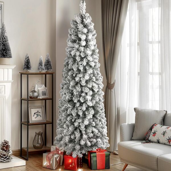 SHAreconn 7.5ft Prelit Snow Flocked Artificial Hinged Slim Pencil Christmas Tree with Warm White Lights, ਫੁੱਲ ਬ੍ਰਾਂਚ ਟਿਪਸ, ਕ੍ਰਿਸਮਿਸ ਛੁੱਟੀਆਂ ਲਈ ਸੰਪੂਰਣ ਵਿਕਲਪ ਸਜਾਵਟ, 7.5 FT, ਫਲੌਕਡ ਹਰੇ - Image 6