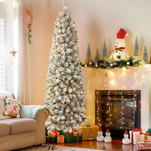 SHAreconn 7.5ft Prelit Snow Flocked Artificial Hinged Slim Pencil Christmas Tree with Warm White Lights, ਫੁੱਲ ਬ੍ਰਾਂਚ ਟਿਪਸ, ਕ੍ਰਿਸਮਿਸ ਛੁੱਟੀਆਂ ਲਈ ਸੰਪੂਰਣ ਵਿਕਲਪ ਸਜਾਵਟ, 7.5 FT, ਫਲੌਕਡ ਹਰੇ - Image 2