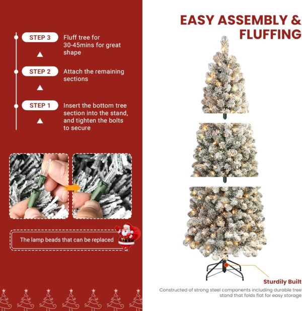 SHAreconn 7.5ft Prelit Snow Flocked Artificial Hinged Slim Pencil Christmas Tree with Warm White Lights, ਫੁੱਲ ਬ੍ਰਾਂਚ ਟਿਪਸ, ਕ੍ਰਿਸਮਿਸ ਛੁੱਟੀਆਂ ਲਈ ਸੰਪੂਰਣ ਵਿਕਲਪ ਸਜਾਵਟ, 7.5 FT, ਫਲੌਕਡ ਹਰੇ - Image 5